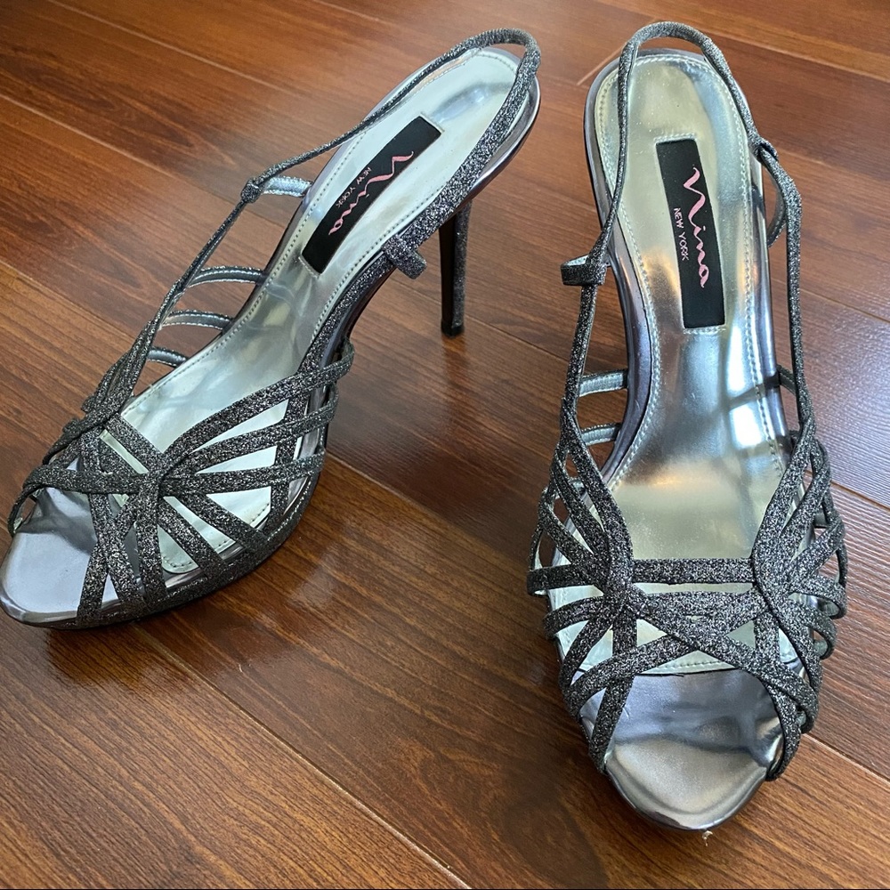Silver Strappy Heels Glitter Size 8 Slingback